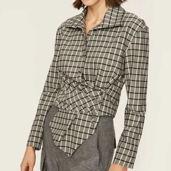 Tory Burch Top - Women's 4 Gray - Plaid Button Down Asymmetric Wrap Grey - Picture 1 of 16